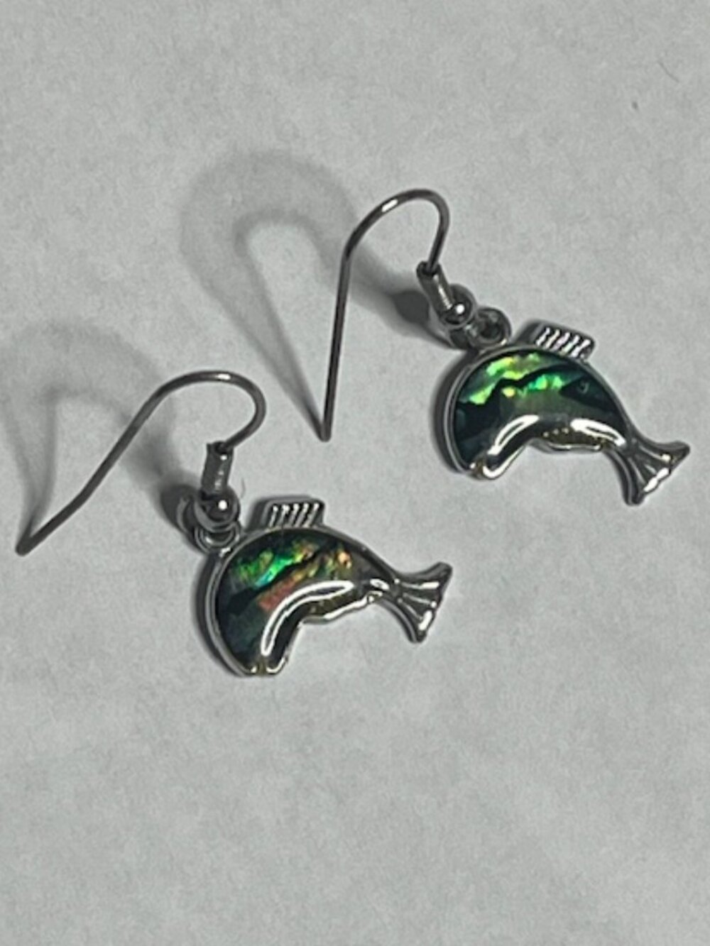 Abalone Shell Fish Shaped Silver Tone Dangle Earrings Greens 1.25" Long One Pair